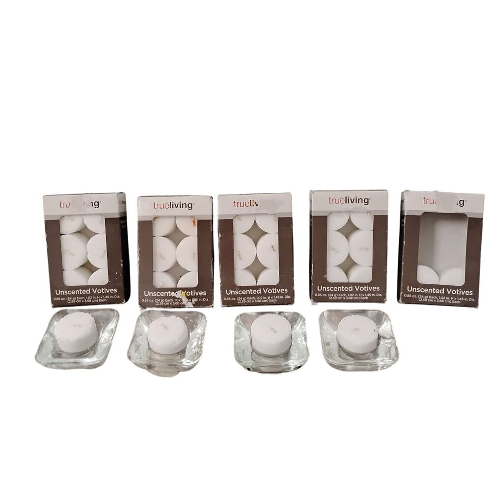 Votive White 30 Candles With Clear Glass 4 Candle Holder Lot